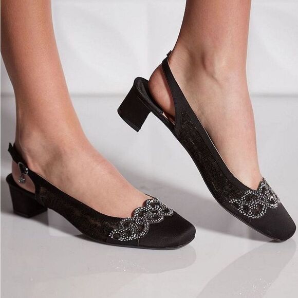 J. Renee Faleece Lace And Satin Slingback Block Heel Pumps Size 10M - Picture 1 of 12